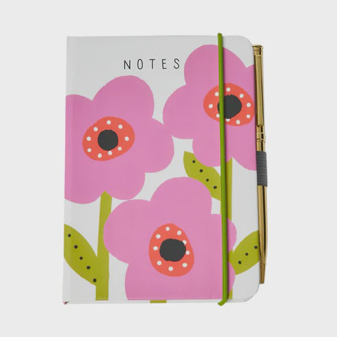 Notebook: A6 Bold Pink Flowers With Gold Pen - Pink - Belly Button Designs