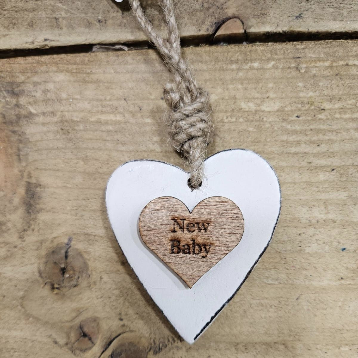 Chunky New Baby Hanging Heart Wood Sentiment Decoration - White w Natural  Heart Tag