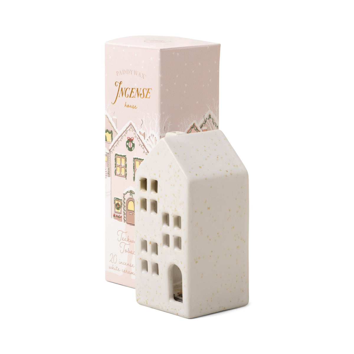 Incence Holder & Cones: Ceramic Town House 20 cones Teakwood Tobacco - White - Paddywax