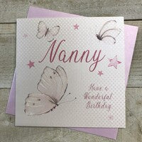 Nanny Card: Butterflies Hand Finished Crystals & Glitter - Pink - White Cotton Cards