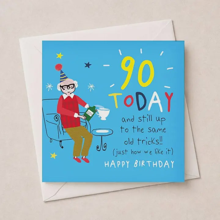 Age Birthday 90th Card: Gin Colourful Funny Writing - Hammond Gower
