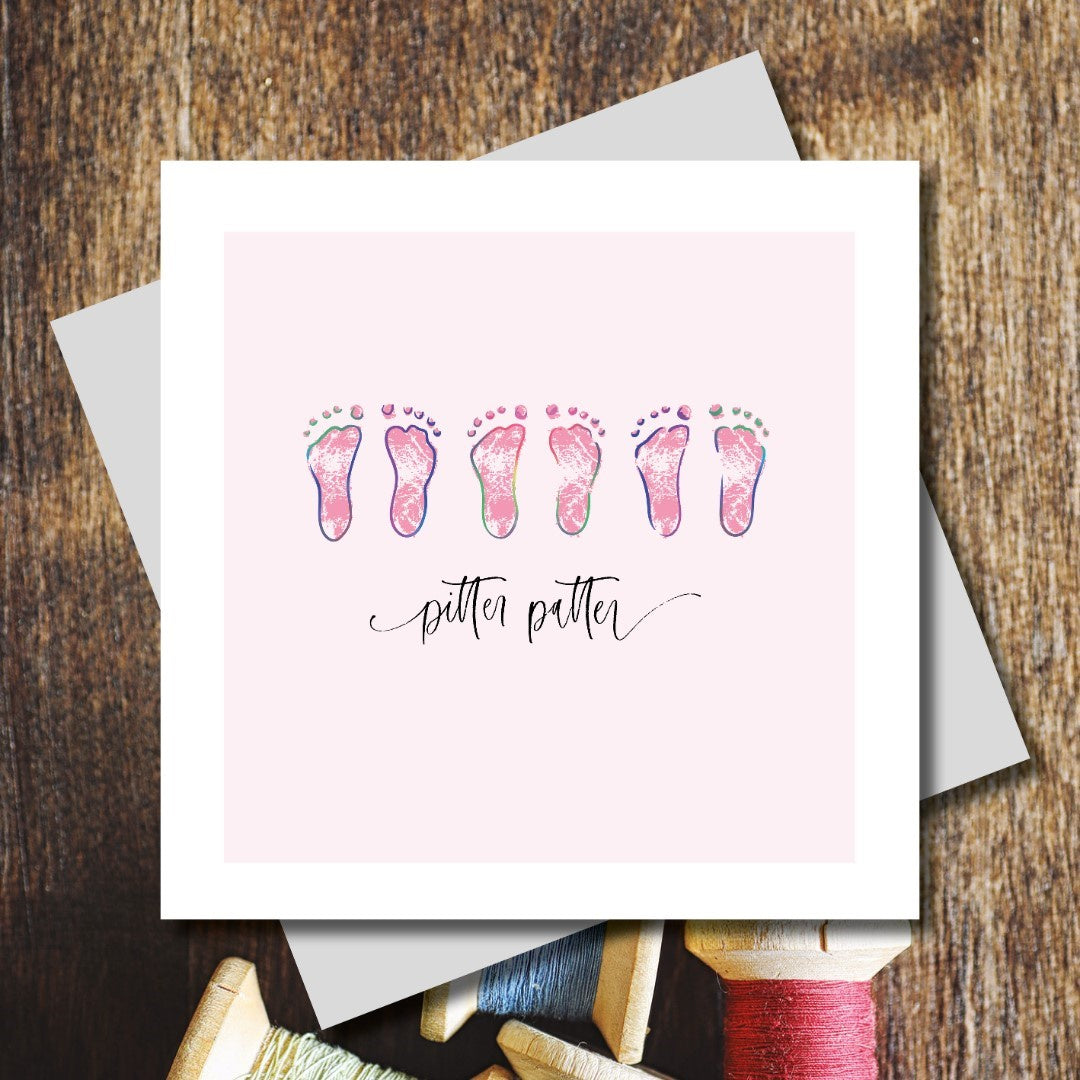 New Baby Card: Girl Pitter Patter Pink Feet - Marina B