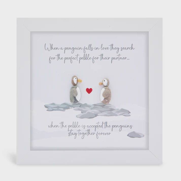 Pebble Picture: Penguins - When a penguin falls in love - White Box Frame - La de Da Living
