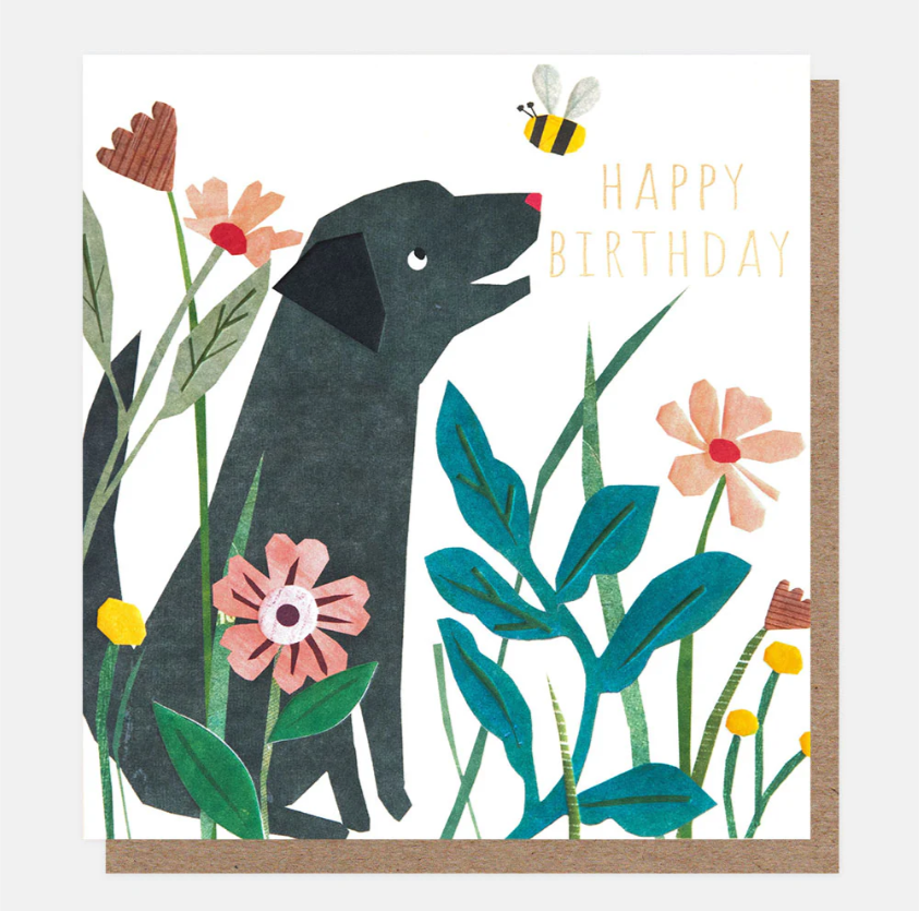 Birthday Card: Dog, Bumblebee & Flowers - Caroline Gardner