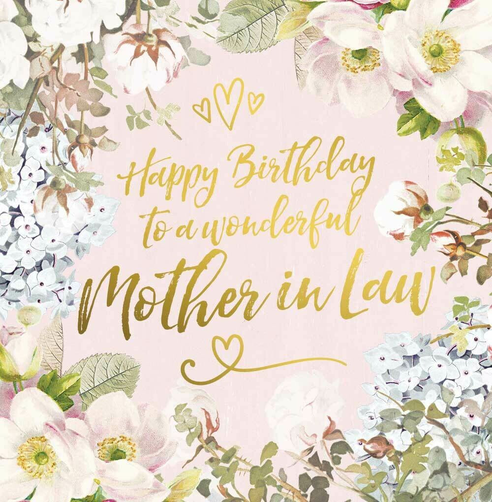 Mum Card: Mother In Law Gold Foil Happy Birthdayl  Floral Design - Pale Pink - Lucy Ledger