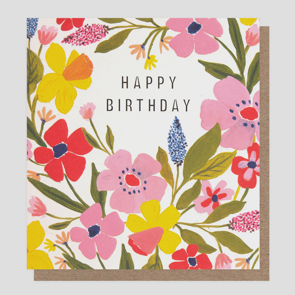 Birthday  Card: Gold Foil  Happy Birthday Pink & Yellow Floral Frame  - Caroline Gardner