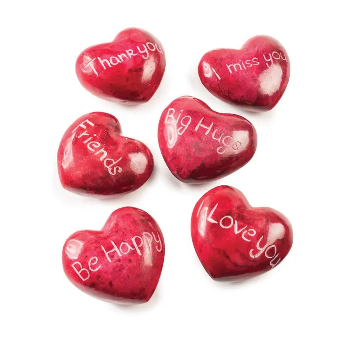 Pebble: Heart Shaped Hand Carved Red Soapstone Heart with Message