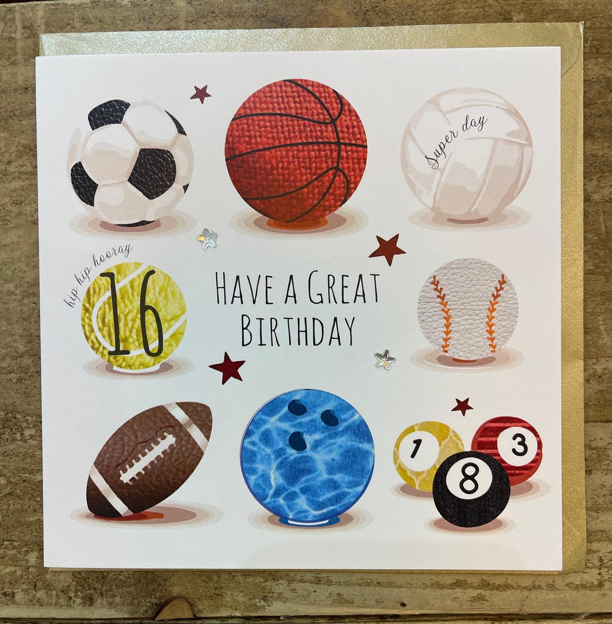 Age 16th Birthday Card: Sport Balls Have A Great Day  - White Cotton Cards