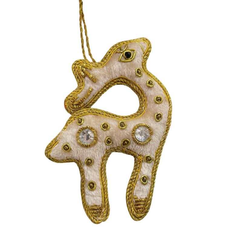 Christmas Tree Decoration: Velvet Beaded Crystal Reindeer - Cream & Gold