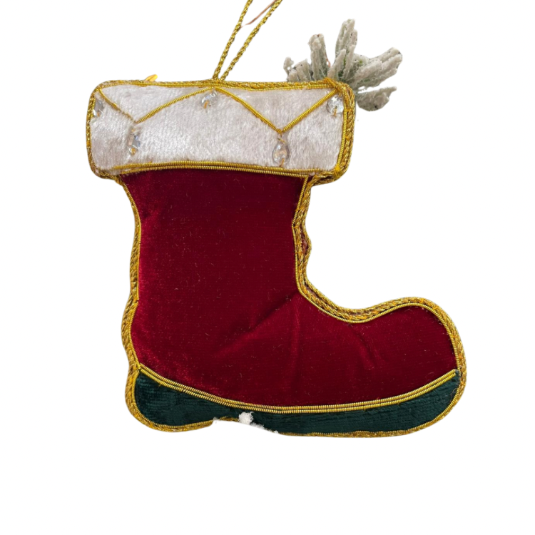 Christmas Tree Decoration: Velvet 3d Hand Finished Beaded Santa Shoe - Red & Gold