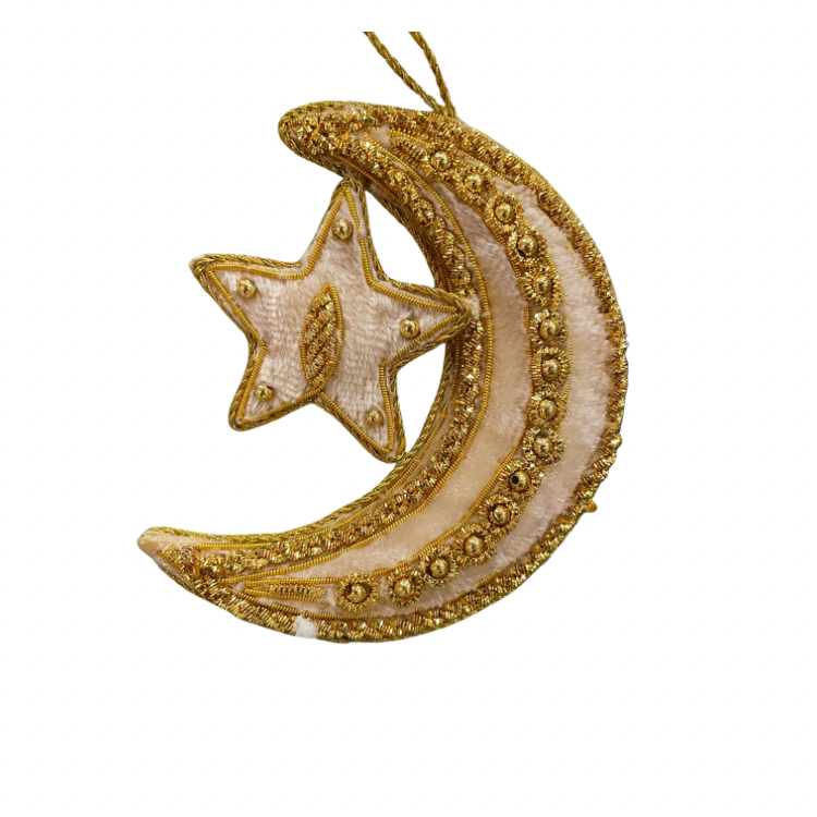 Christmas Tree Decoration: Velvet Beaded Hand Finished Moon & Star - Cream & Gold