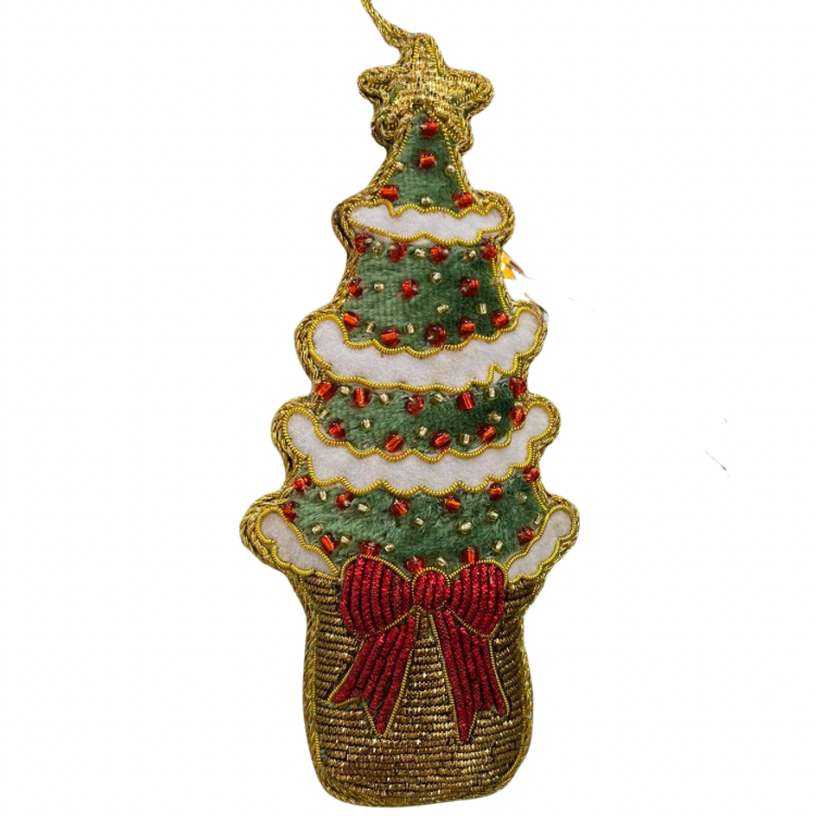 Christmas Tree Decoration: Velvet Hand Finished Beaded Tree Bow - Green & Gold