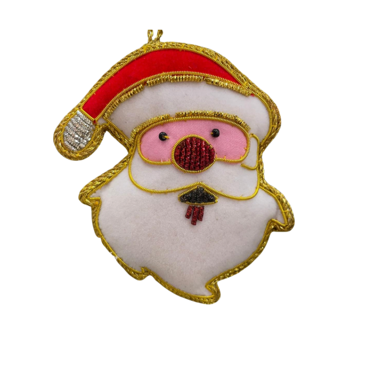 Christmas Tree Decoration: Velvet 3d Hand FinishedBeaded Santa Face - Red & Gold