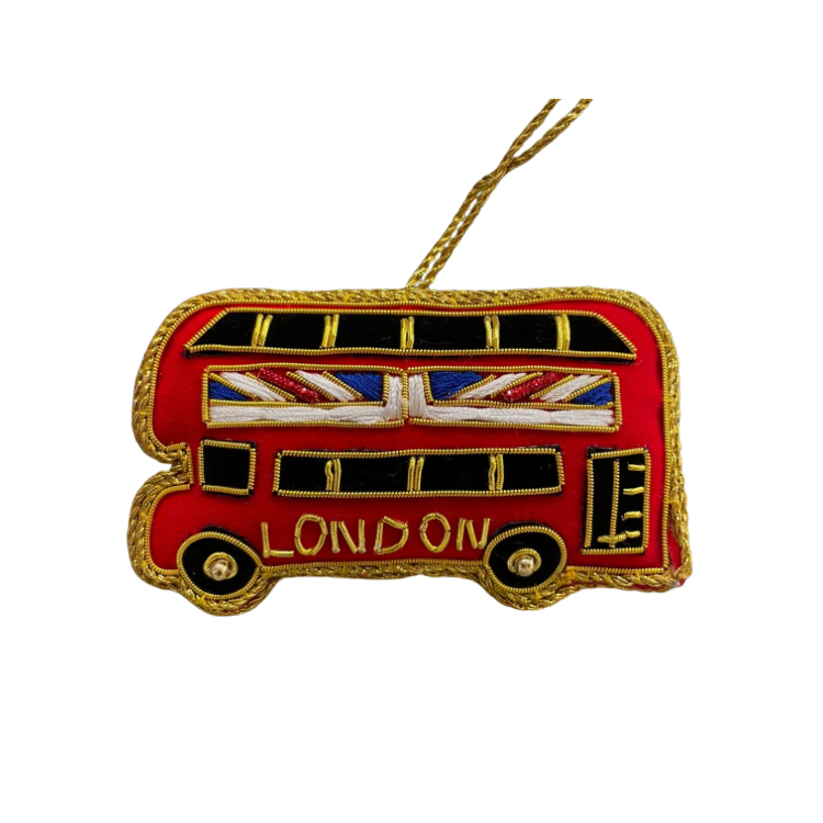 Christmas Tree Decoration: Velvet Bead & Braid Hand Finished London Bus - Red& Gold