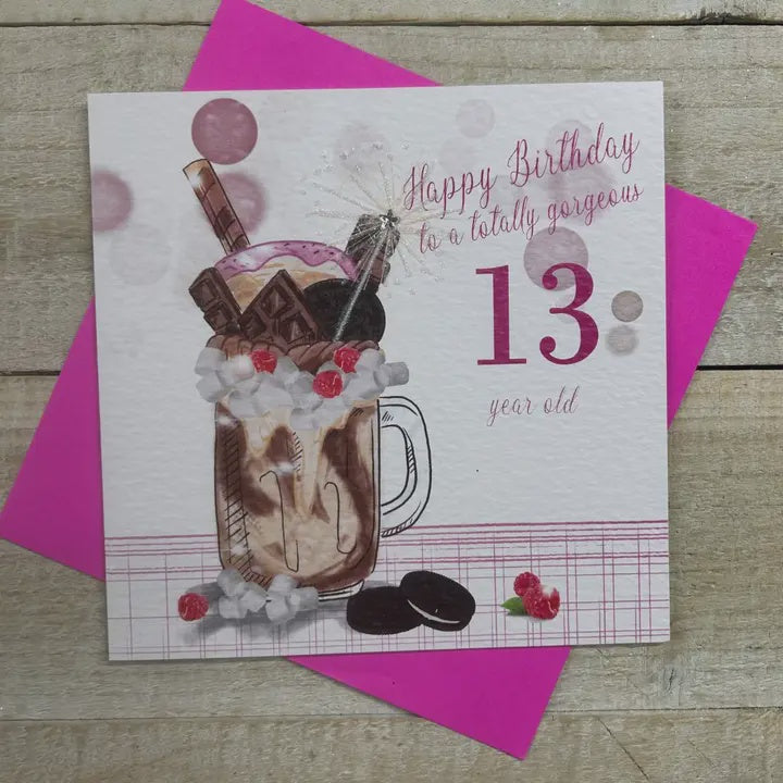 Age 13th Card: Happy Birthday to a Totally Gorgeous 13 Year Old - Milkshake Hand Finished with Gems - White Cotton Cards