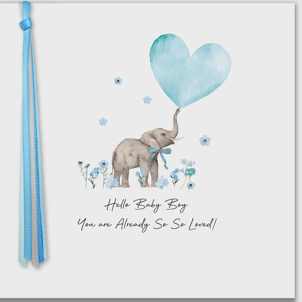 New Baby Card: Boy Elephant Hand Finished Crystals Ribbons & Roses - Five Dollar Shake