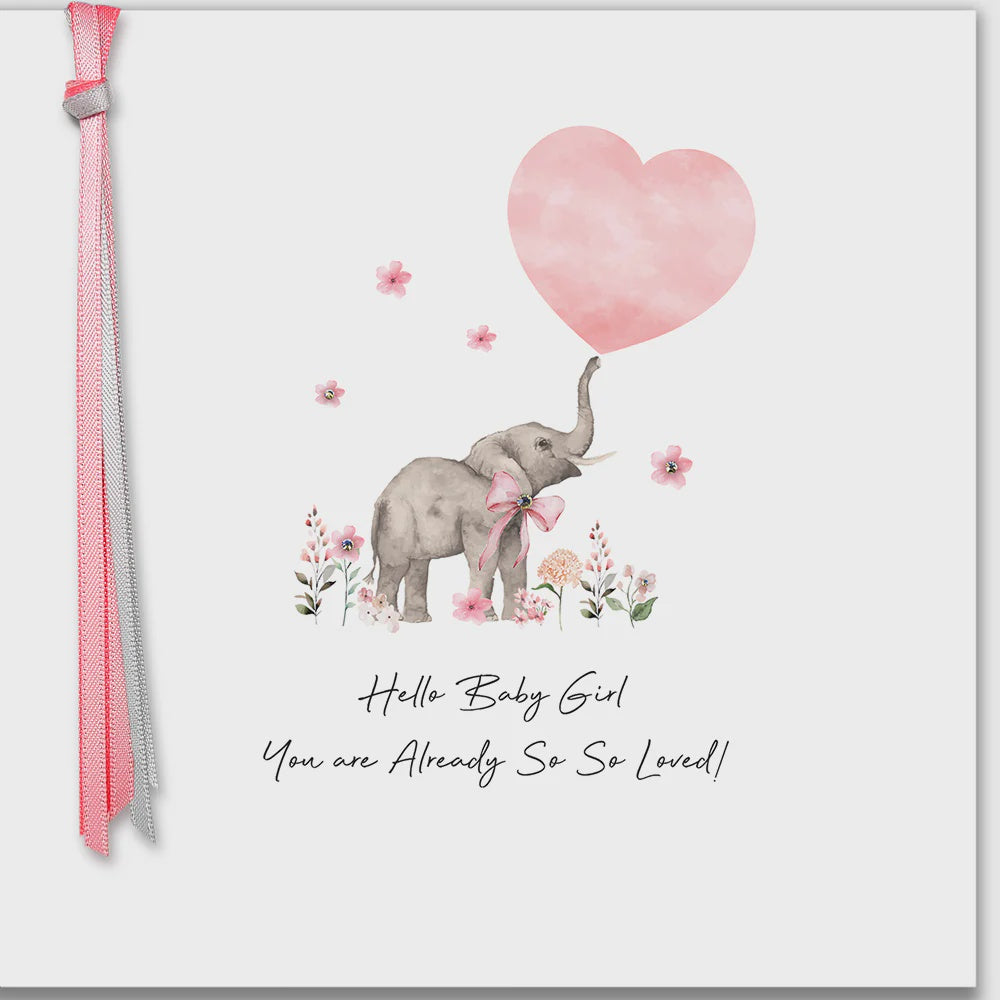 New Baby Card: Girl Elephant Hand Finished Crystals Ribbons & Roses - Five Dollar Shake