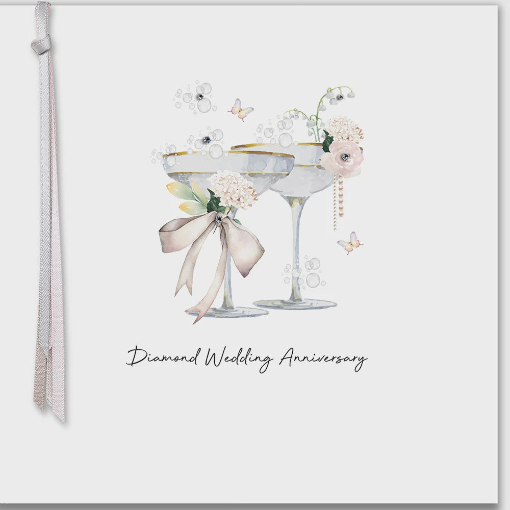Anniversary Card: Diamond 60th Champagne Saucers Hand Finished Crystals Ribbons & Roses - Five Dollar Shake