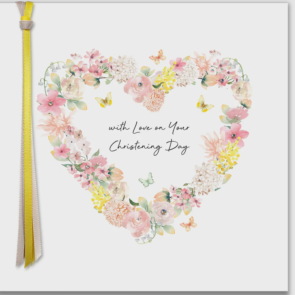 Christening Card: Floral Heart With Love Hand Finished Crystals Ribbons & Roses - Five Dollar Shake