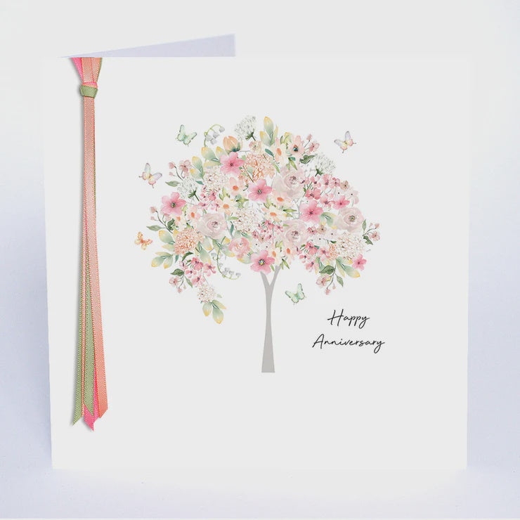 Anniversary Card: Floral Tree Hand Finished Crystals & Ribbons - Five Dollar Shake