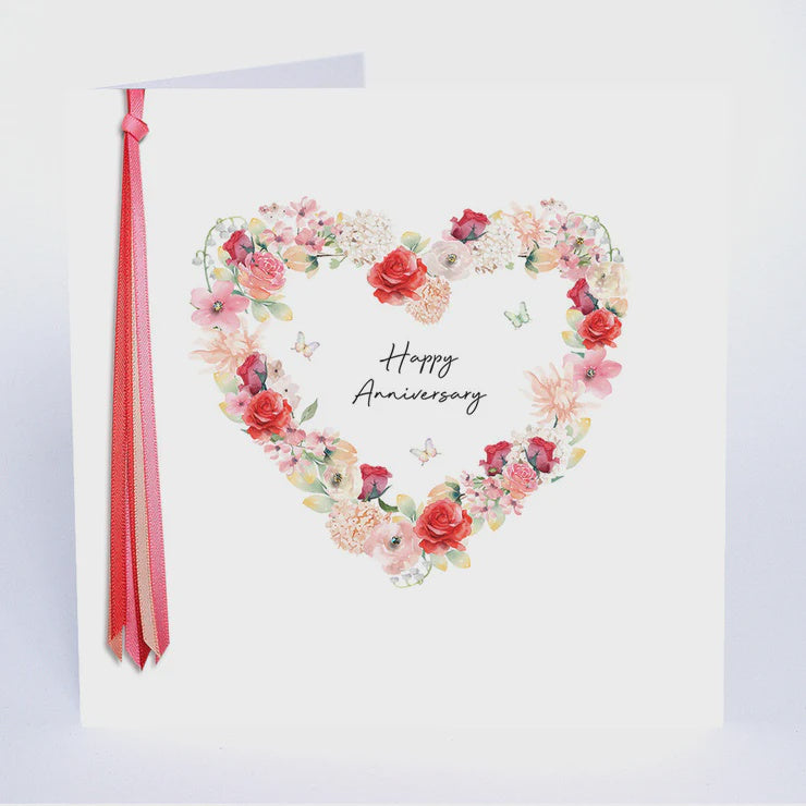 Anniversary Card: Floral Heart Hand Finished Crystals Ribbons & Roses - Five Dollar Shake