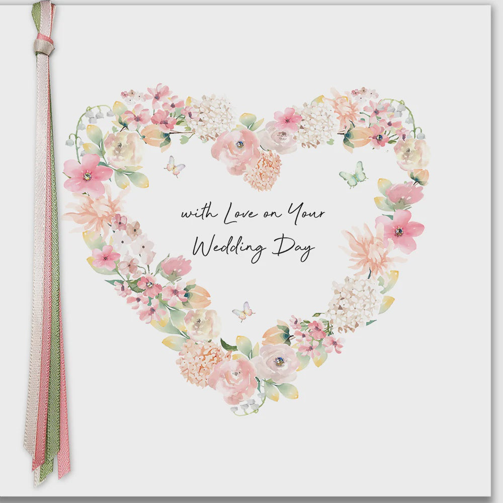 Wedding Card: Floral Heart With Love On Your Day Hand Finished Crystals Ribbons & Roses - Five Dollar Shake