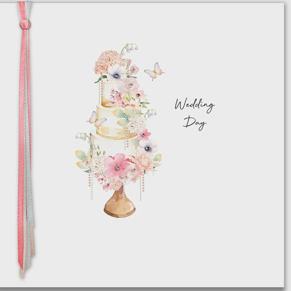 Wedding Card: Wedding Day Cake Hand Finished Crystals Ribbons & Roses - Five Dollar Shake