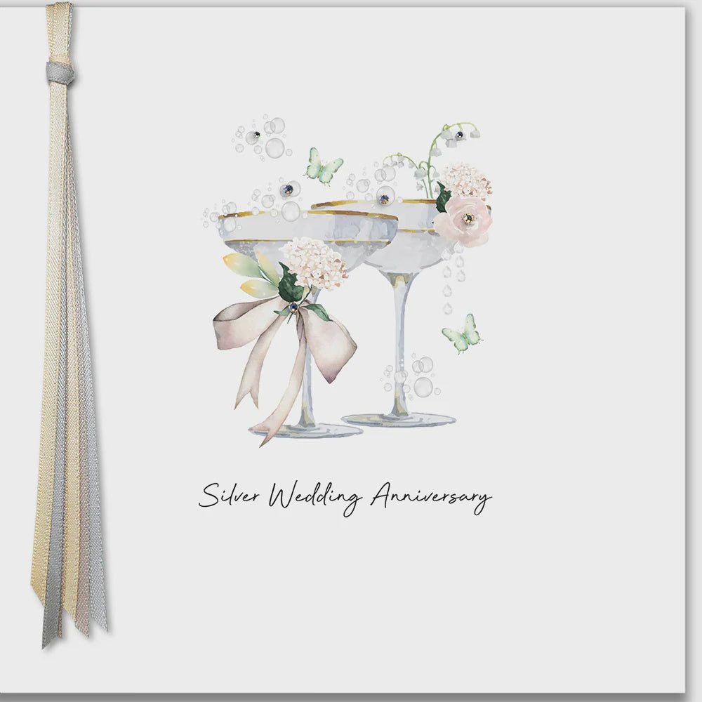 Anniversary Card: Silver 25th Saucers Hand Finished Crystals Ribbons & Roses - Five Dollar Shake