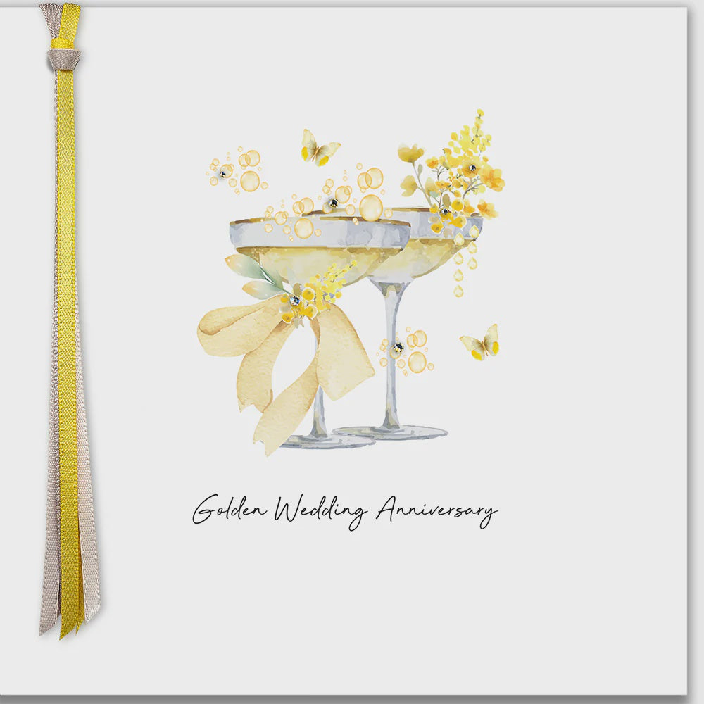 Anniversary Card: Golden 50th Anniversary Hand Finished Crystals Ribbons & Roses - Five Dollar Shake