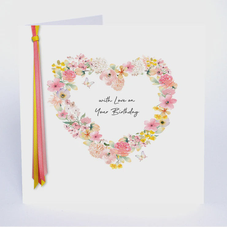 Birthday Card: Happy Birthday (Heart) Hand Finished Crystals Ribbons & Roses - Five Dollar Shake