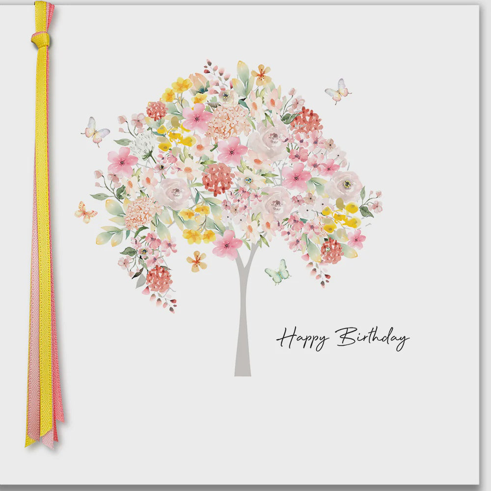 Birthday Card: Happy Birthday (Tree) Hand Finished Crystals Ribbons & Roses - Five Dollar Shake