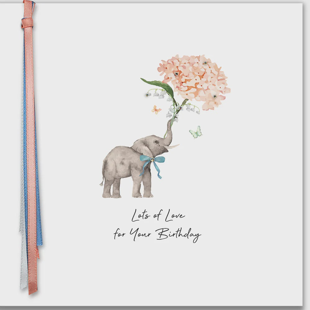Birthday Card: Elephant Lots of Love For Your Birthday Hand Finished Crystals Ribbons & Roses - Five Dollar Shake