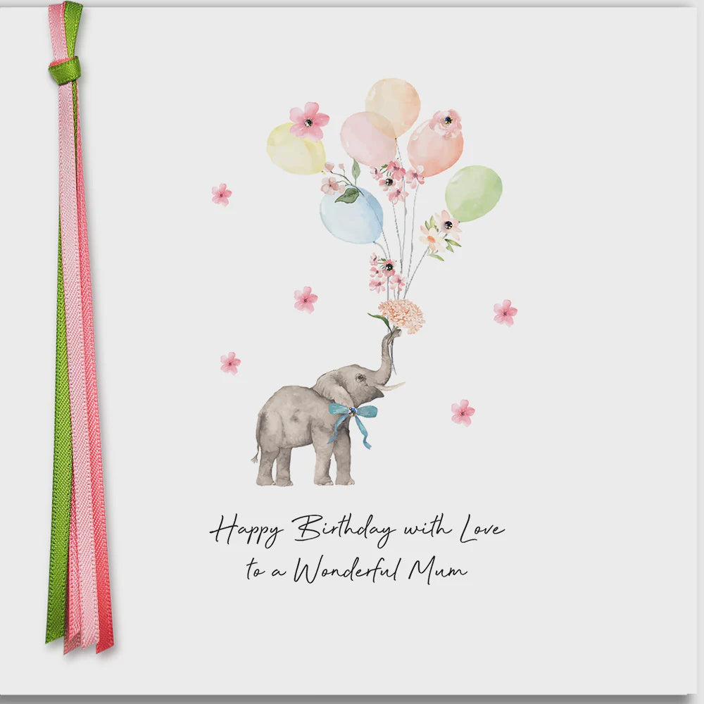 Mum Card: Elephant Hand Finished Crystals Ribbons & Roses - Five Dollar Shake