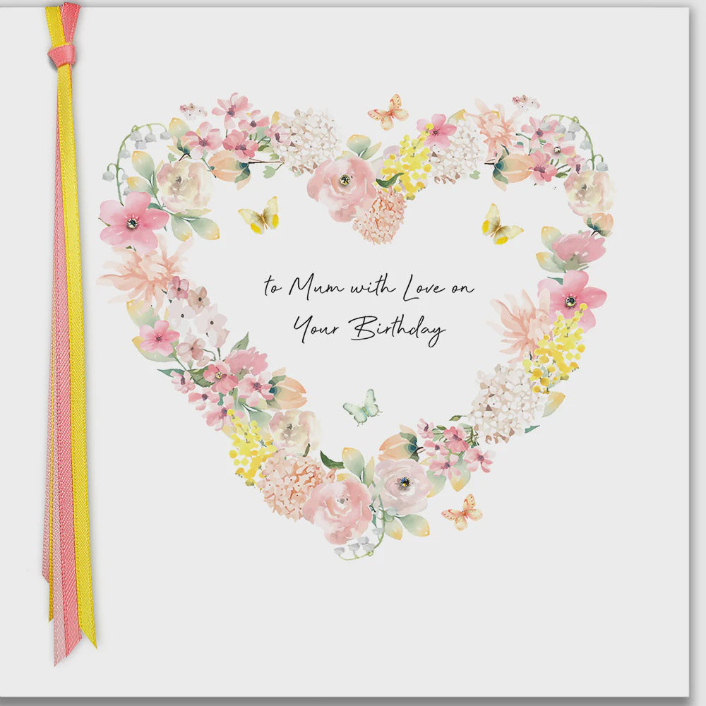 Mum Card: Floral Heart With Love Hand Finished Crystals Ribbons & Roses - Five Dollar Shake