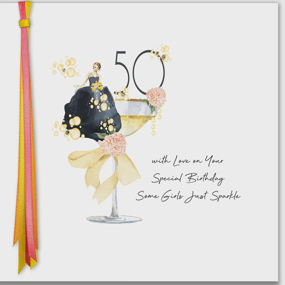 Age 50th Card: Some Girls Just Sparkle Hand Finished Crystals Ribbons & Roses - Five Dollar Shake