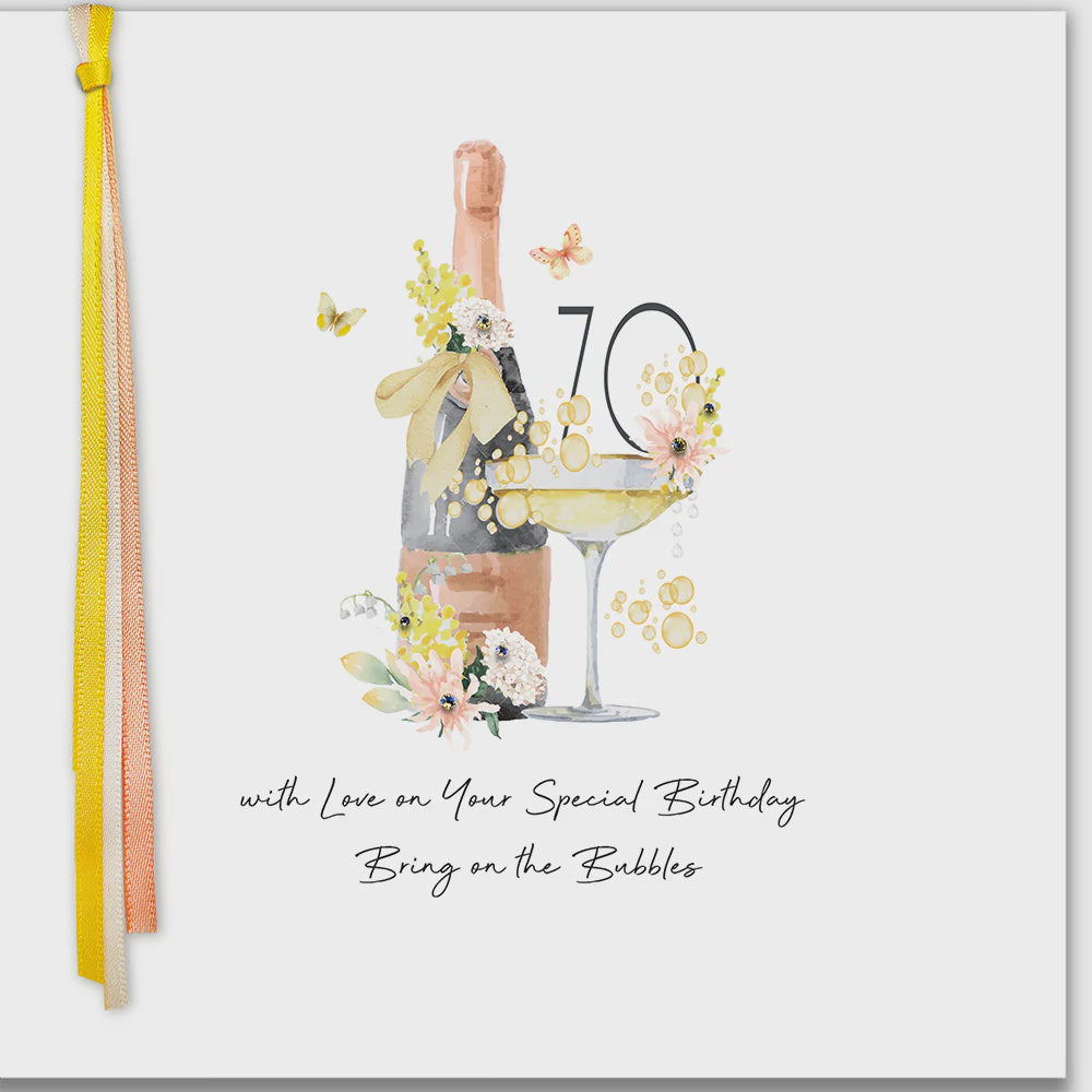 Age 70th Card: Bottle Glass Bring On The Bubbles Hand Finished Crystals Ribbons & Roses - Five Dollar Shake