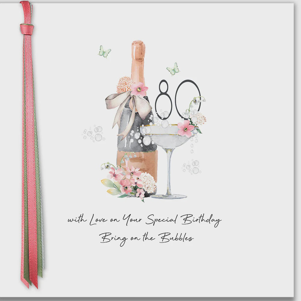 Age 80th Card: Bottle Glass Bring On The Bubbles Hand Finished Crystals Ribbons & Roses - Five Dollar Shake