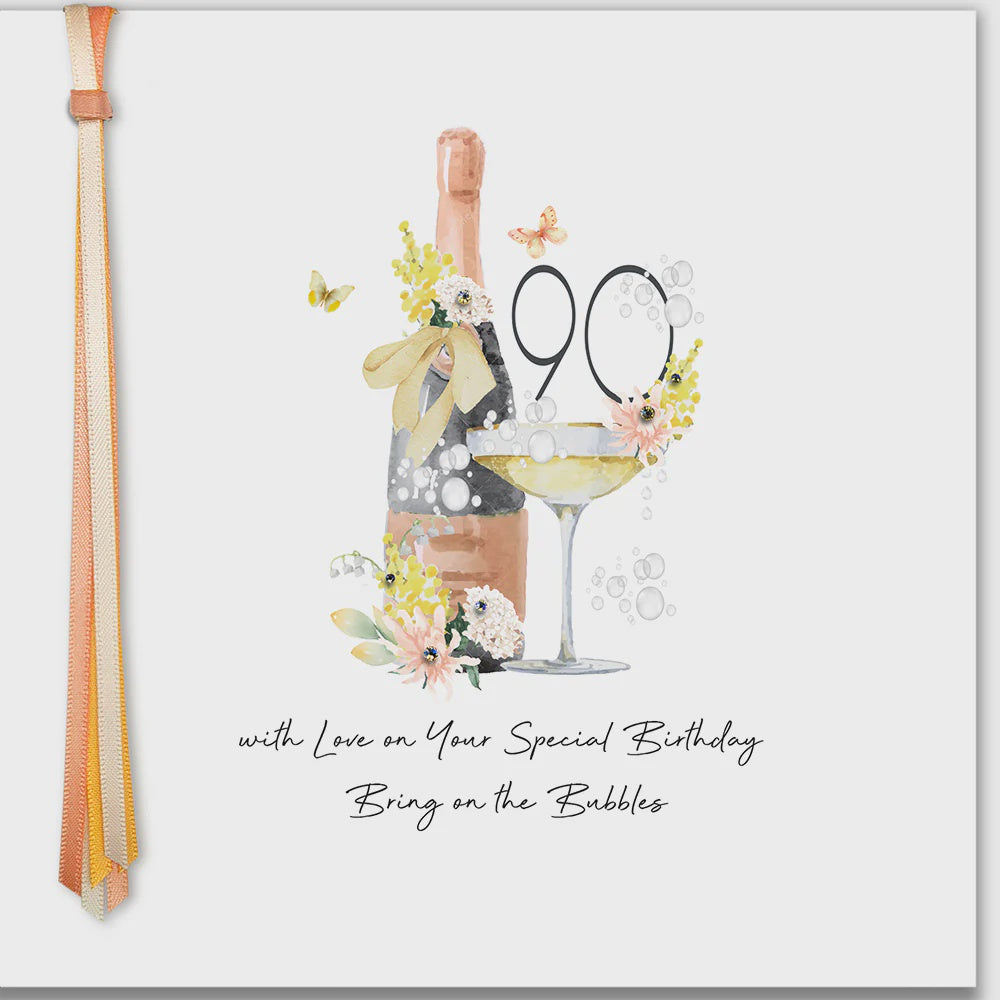 Age 90th Card: Bottle Glass Bring On The Bubbles Hand Finished Crystals Ribbons & Roses - Five Dollar Shake