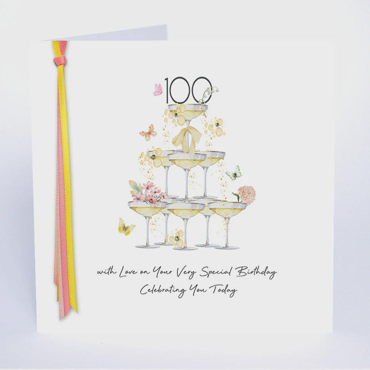 Age 100th Card: Champagne Glasses Hand Finished Crystals Ribbons & Roses - Five Dollar Shake