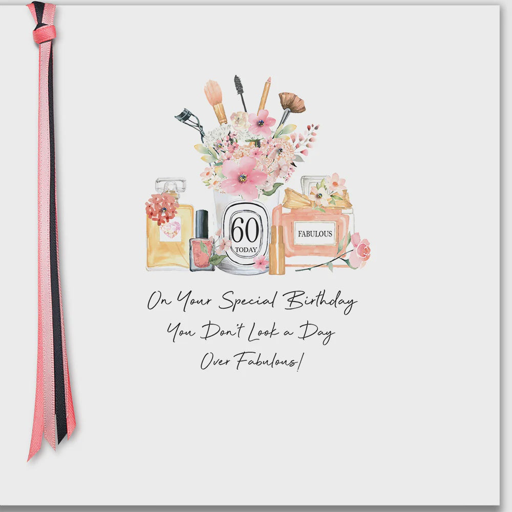 Age 60th Card: Perfume You Don't Look A Day Over Fabulous! Hand Finished Crystals Ribbons & Roses - Five Dollar Shake