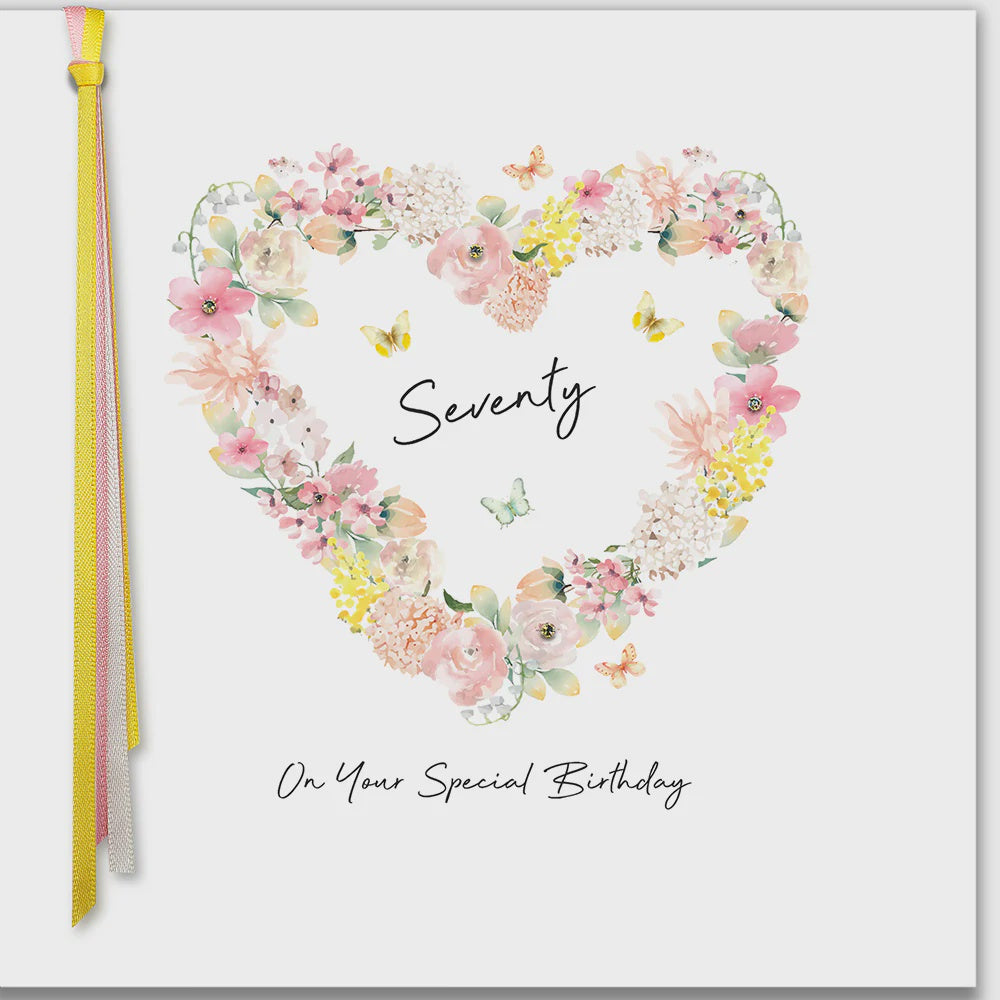 Age 70th Card: Floral Heart On Your Special Hand Finished Crystals Ribbons & Roses - Five Dollar Shake
