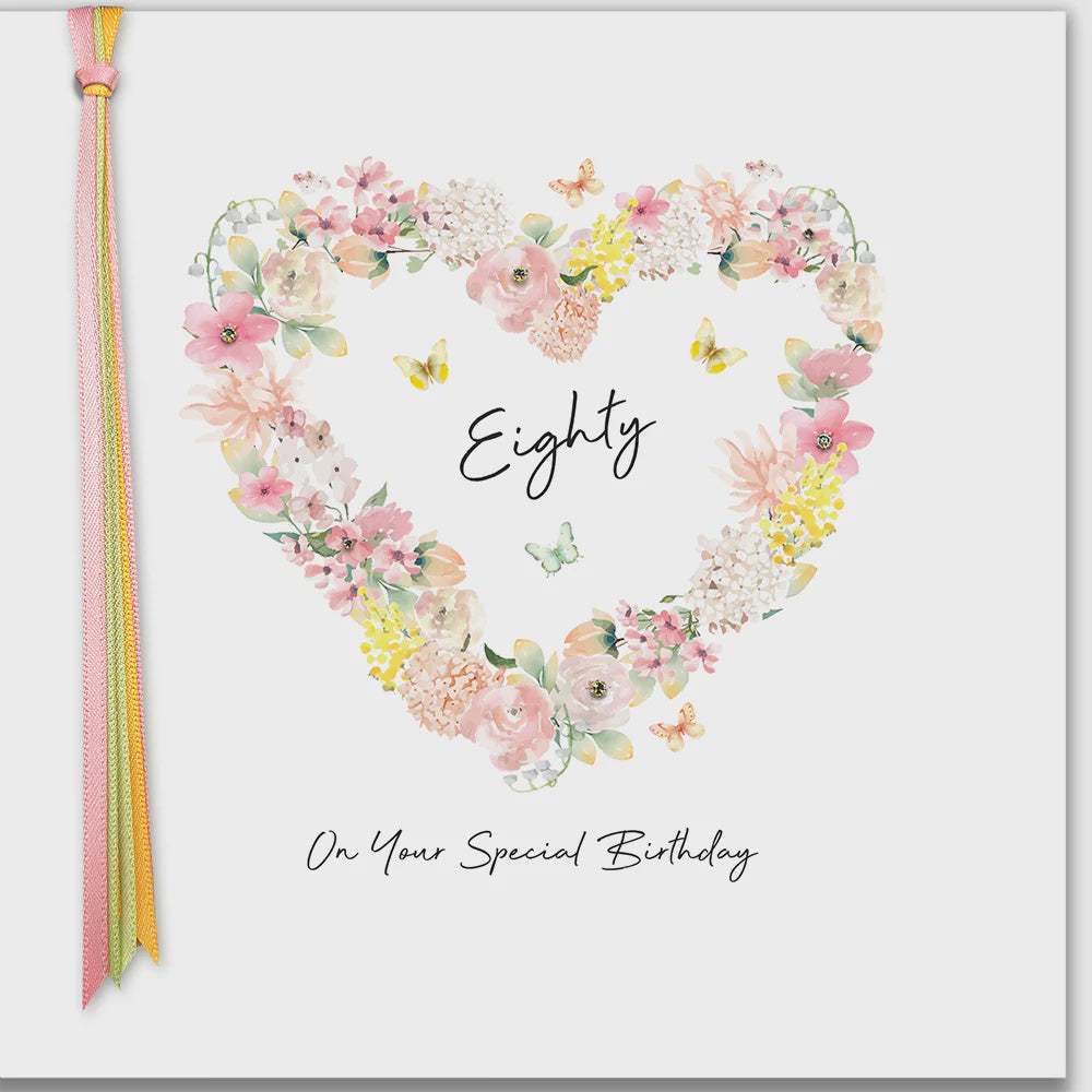 Age 80th Card: Floral Heart On Your Special Hand Finished Crystals Ribbons & Roses - Five Dollar Shake