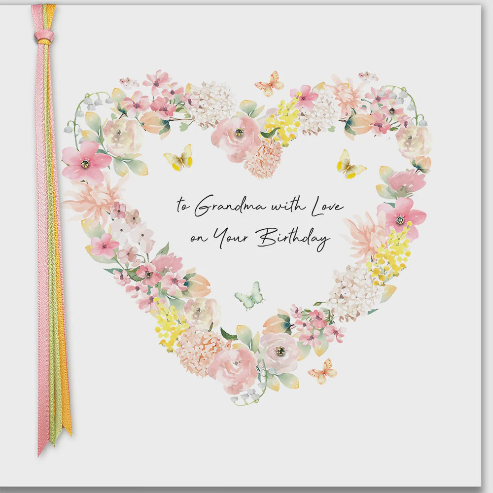 Grandma Card: Floral Heart Hand Finished Crystals Ribbons & Roses - Five Dollar Shake