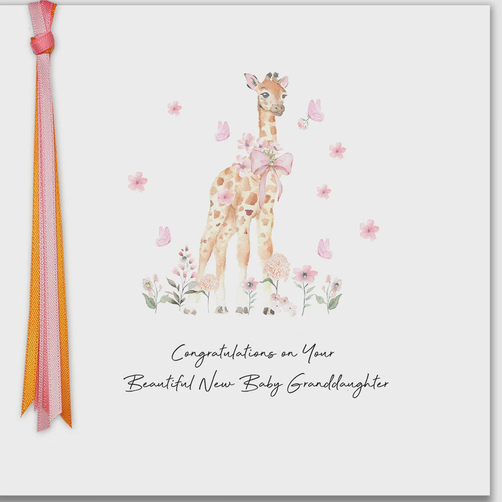 New Baby Card: Grandaughter Giraffe Hand Finished Crystals Ribbons & Roses - Five Dollar Shake