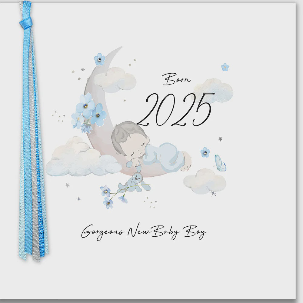 New Baby Card: Boy Born 2025 Moon & Clouds Hand Finished Crystals Ribbons & Roses - Five Dollar Shake
