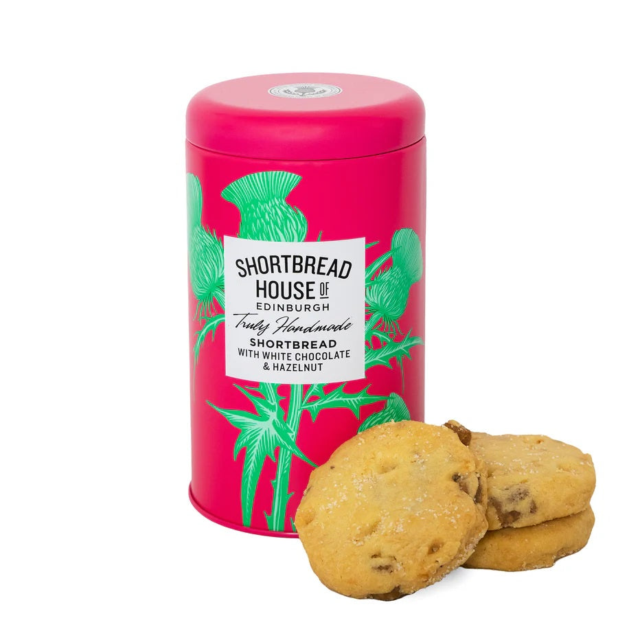 Biscuit Tin Small: Handmade Shortbread 140g White Chocolate & Hazelnut - Bright Pink - Shortbread House of Edinburgh