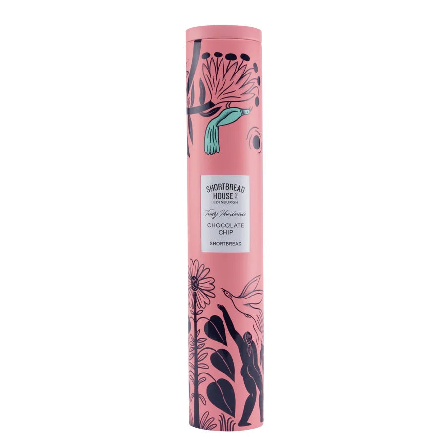 Biscuit Tin Tall: Handmade Shortbread 250g Rich Dark Chocolate Chip - Pink Flowers & Bird - Shortbread House of Edinburgh