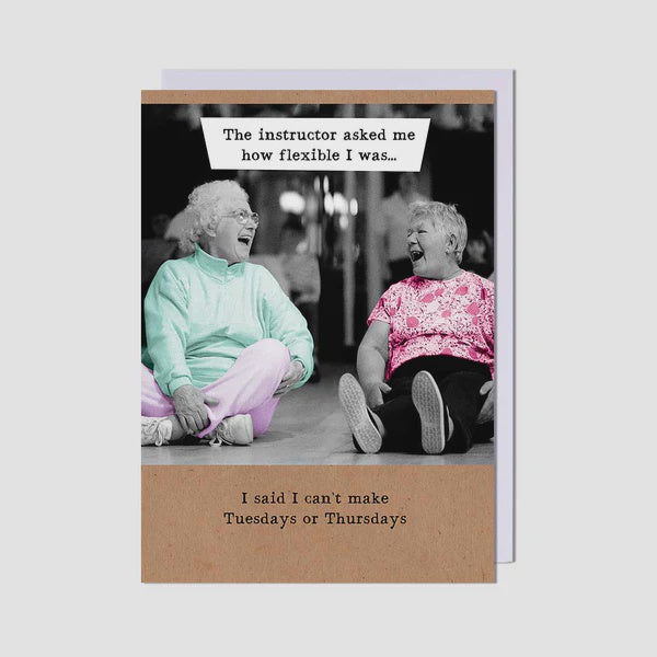 Birthday Card: Two Women Laughing About Flexibility - Pigment
