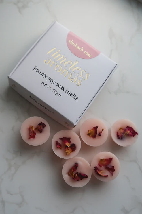 Wax Melts: Box 8 Scented Rhubarb Rose Petal Topped - Soy Wax - Timeless Aromas