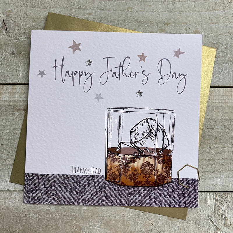 Father's Day Card:Thanks Dad - Whisky Glass - White Cotton Cards